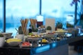 Catering buffet food in hotel restaurant, close-up. Celebration Royalty Free Stock Photo