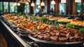 Catering buffet food indoor in restaurant with grilled meat