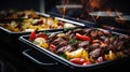 Catering buffet food indoor in restaurant with grilled meat