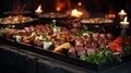 Catering buffet food indoor in restaurant with grilled meat