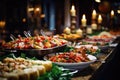 Catering buffet food on a long table in a hotel restaurant