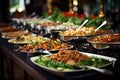 Catering buffet food on a long table in a hotel restaurant