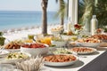 Catering buffet meal on a white long table in a modern restaurant by the sea