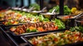 Catering buffet meals in the restaurant with meat, salads and vegetables, various delicious dishes in the hotel