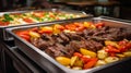 Catering buffet meals in the restaurant with meat, salads and vegetables, various delicious dishes in the hotel