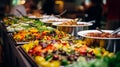 Catering buffet meals in the restaurant with meat, salads and vegetables, various delicious dishes in the hotel