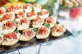 Catering buffet table with snacks and appetizers. Set of canapÃ©s with jamon, bruschetta and cheese