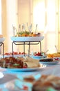 Catering buffet table with snacks and appetizers. Various light snacks. Catering plate. Assortment of sandwiches on the