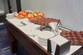 Catering on a business conference Coffee break table on business seminar with fresh bakery,beverage and fruit