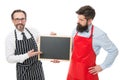 catering business. welcome on board. menu planning. happy chef in apron. partners celebrate start up. bearded men with