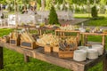 Catering Cheese platter of French and Swiss prepared for a Wedding or Birthday and tasting of young Wine to a Royalty Free Stock Photo