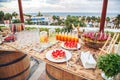 Catering cocktails and desserts in the background of the sea and Royalty Free Stock Photo