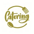 Catering company logo with elegant lettering handwritten with cursive font decorated with fork and spoon. Creative food