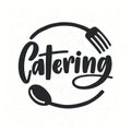 Catering company logotype with lettering written with calligraphic cursive font decorated with cutlery or kitchenware