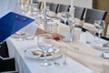 Catering for events, banquet decorated table, table setting decoration. Royalty Free Stock Photo