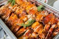 Catering Food Wedding Event Table. Buffet line in Wedding. Delicious appetizer close-up.