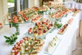 Catering. Off-site food. Buffet table with various canapes, sandwiches, hamburgers and snacks Royalty Free Stock Photo