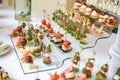 Catering. Off-site food. Buffet table with various canapes, sandwiches, hamburgers and snacks Royalty Free Stock Photo