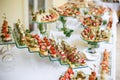 Catering. Off-site food. Buffet table with various canapes, sandwiches, hamburgers and snacks Royalty Free Stock Photo