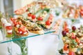 Catering. Off-site food. Buffet table with various canapes, sandwiches, hamburgers and snacks Royalty Free Stock Photo