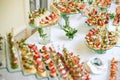 Catering. Off-site food. Buffet table with various canapes, sandwiches, hamburgers and snacks Royalty Free Stock Photo