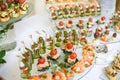 Catering. Off-site food. Buffet table with various canapes, sandwiches, hamburgers and snacks Royalty Free Stock Photo