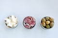 Catering platter with different meat and cheese products. cheese, olives and meat for a simple breakfast Royalty Free Stock Photo
