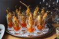 Catering service. Fried finger food in sweet chili sauce. Royalty Free Stock Photo