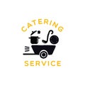 Catering service. Logo concept. Funny flat Illustration of moving cart with pan, ladle and plate. . vector