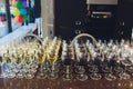 catering services. glasses with wine in row background at restaurant party. Royalty Free Stock Photo