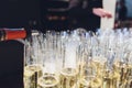 catering services. glasses with wine in row background at restaurant party. Royalty Free Stock Photo