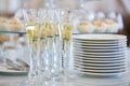 Catering services. Glasses with wine in row background at restaurant party. Royalty Free Stock Photo