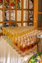 Catering services. glasses with wine in row background at restaurant party. Royalty Free Stock Photo