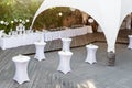 Catering services in restaurant. Wedding table reception on wedding ceremony in the park.