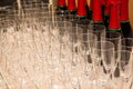 Catering services. rows of shampagne glasses at restaurant party or celebration, closeup Royalty Free Stock Photo