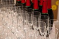 catering services. rows of shampagne glasses at restaurant party or celebration, closeup Royalty Free Stock Photo