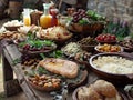 Catering setup with various dishes and drinks on rustic wooden table during outdoor event in daylight Royalty Free Stock Photo