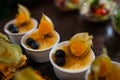 Catering. Small plates with dessert. Different focus.