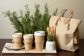 Catering and street fast food paper cups, plates, containers. Eco-friendly food packaging, wooden cutlery and cotton eco