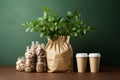 Catering and street fast food paper cups, plates, containers. Eco-friendly food packaging, wooden cutlery and cotton eco