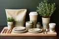 Catering and street fast food paper cups, plates, containers. Eco-friendly food packaging, wooden cutlery and cotton eco