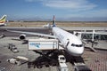 Scissor lift and catering truck alongside a passenger jet