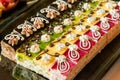 Catering sweets, closeup of various kinds of cakes on event or wedding reception Royalty Free Stock Photo