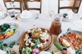 Catering table set service with food and drink at restaurant before wedding party Royalty Free Stock Photo