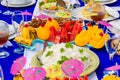 Catering table set service with silverware and glass stemware at Royalty Free Stock Photo