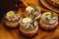 catering work. a sprig of dill on jars with a salad of salted herring.