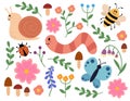 Cute and cozy set of snail, worm, butterfly, bee, ladybug, mushrooms and flowers. Spring or summer flora and fauna Royalty Free Stock Photo