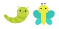 Caterpillar butterfly insect icon set. Crawling catapillar bug. Cute cartoon funny character. Baby collection. Smiling face. Flat Royalty Free Stock Photo