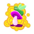 The caterpillar character sits on a pink mushroom on a white isolated background. Vector image
