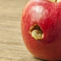 A caterpillar climbs out of a hole in a red apple Royalty Free Stock Photo